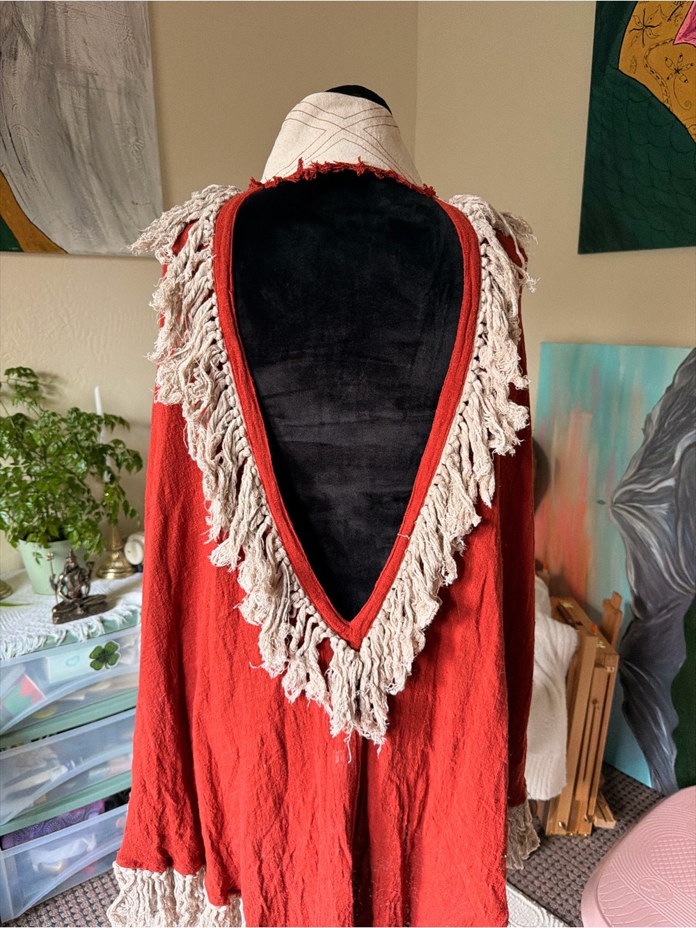 Handmade 100% Cotton Bohemian Fringe V-Open Back Women's poncho Rust/Cream